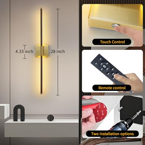 Image of 15800 mAh Battery Operated Wall Sconces with Remote Control Dimmable Battery Powered Cordless Rechargeable Wall Sconces Set of Two 3000K LED Walnut Wood and Brass Gold Wireless Wall Light for Bedroom