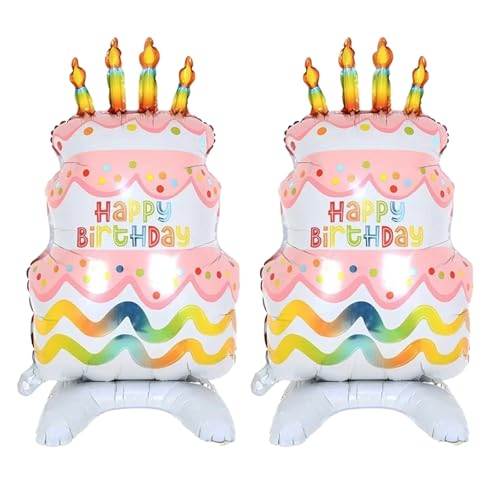 Image of 2pcs Happy Birthday Cake Foil Balloons, Self-Standing 35 inch Pink Large Mylar Birthday Balloons for Girls Boys Kids Baby Shower Party Decorations