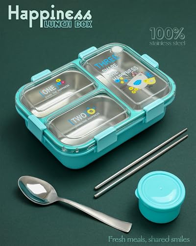 Image of Brand Conquer Lunch Box Leak-Proof BPA Free Stainless Steel for School, Lunch Box for School & Office with a Fork, a Spoon and a Pair of Chopsticks (Classic Blue, Happiness 3 Compartment Lunch Box)