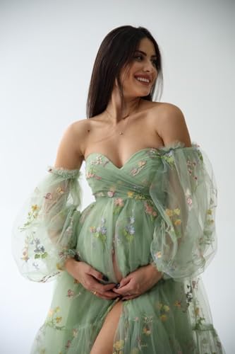 Wchecalino Flower Embroidery Tulle Maternity Dresses for Photoshoot Ruffles Puffy Sleeve Long Robes for Baby Shower4