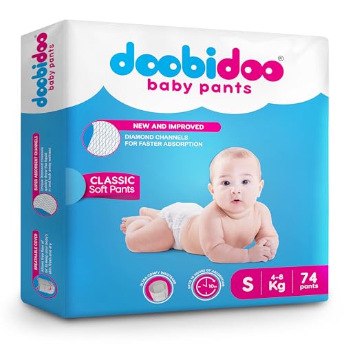 Image of Doobidoo Classic Baby Diaper Pants S Size (74 Count) | Cushiony Cotton | Diamond Channels | Rash Free | 10 Hours Absorption