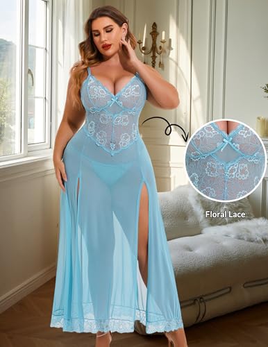 Image of Avidlove Plus Size Lingerie for Curvy Women Long Lace Babydoll Nightdress | V neck sheer mesh nightgown,g-string included,high side slits,adjustable straps,curve-flattering fit,maternity photoshoot