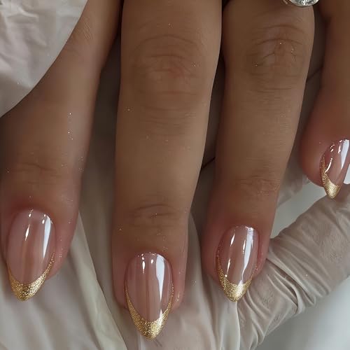 Chrome Gold French Tip Press on Nails Short Square, Glitter Gel F...