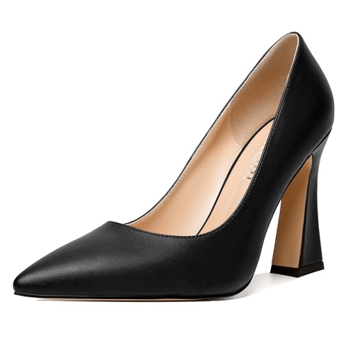 MERRORI Women's Chunky High Heels Slip On Block Pointed Toe Matte Dress Wedding Heel Pumps Shoes 4 Inch