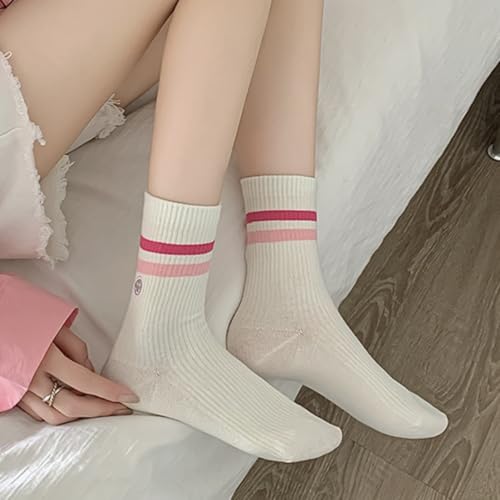 Womens Solid Color Two Stripe Crew Socks Casual Athletic Smiling Face Ankle Socks for women Girls4