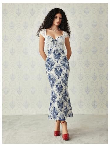 Image of GORGLITTER Women's Lace Floral Tea Party Vintage Maxi Dress Summer Graduation Cocktail Wedding Guest Fishtail Sundress