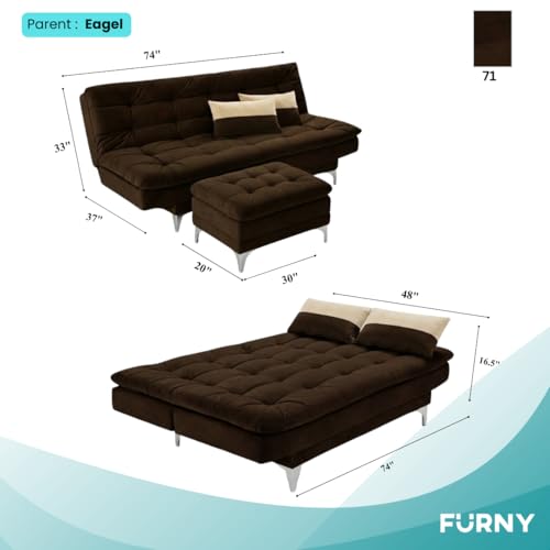 Image of FURNY Supersoft 3 Seater Fabric Sofa Cum Bed with Ottoman (Dark Brown) Premium Velvet Finish with Extra 2 Cushions | Ideal for Living Rooms, Bedrooms, Offices