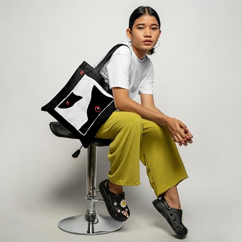 Image of ZORI Black Tote Bag With Pocket Printed Designed Canvas Tote Bags For Women large capacity,Tote bag For Shopping, College, Travel, More Canvas Handbag For Unisex Bag