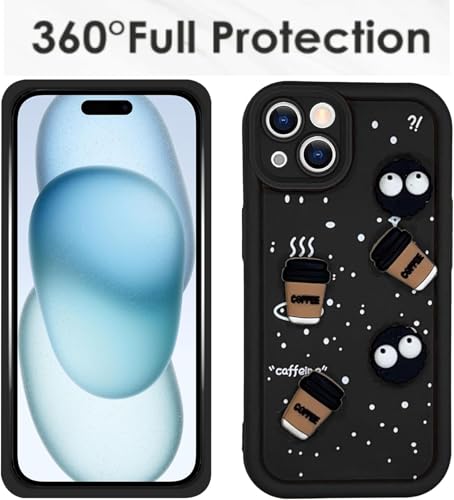 Image of GoldKart Back Case Cover Compatible for iPhone 15 Plus | Cute Fun Cartoon 3D Ball Coffee Silicone Case | Full Body Protection Back Cover for iPhone 15 Plus - Black