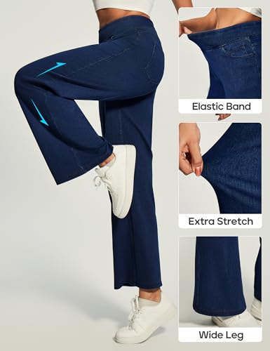 Heathyoga Wide Leg Jeans Woman High Waist Pull On Baggy Jeans for Women Stretchy Jean Pants Straight Leg Denim Pants Petite Dark Blue
