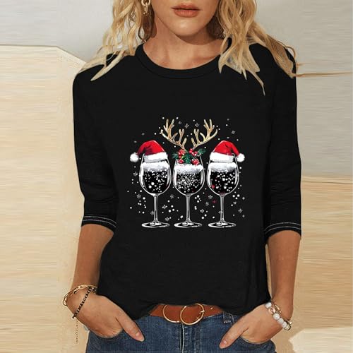 Ugly Christmas Sweater Women 3/4 Sleeve Glitter Red Wine Glass T-Shirts Tunic Tops Funny Santa Hat Party Tees Gifts2