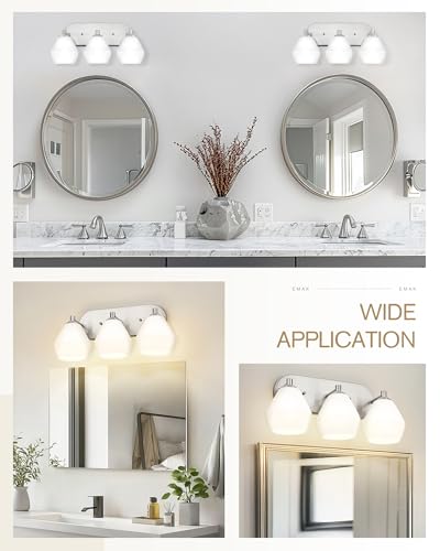 Image of Emak Brushed Nickel Bathroom Lights Over Mirror, Modern Bathroom Vanity Light with Milk Glass Shade, 3-Light Vanity Lights for Mirror, Bath, VL129-BN-ML-3