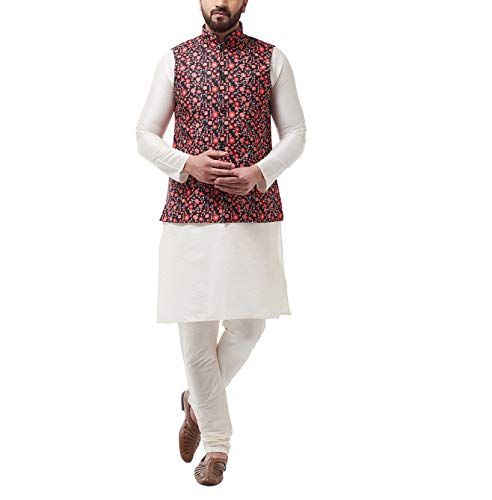 Image of SOJANYA (Since 1958, Men's Silk Blend Pink Kurta Pyjama & Printed Nehrujacket Combo