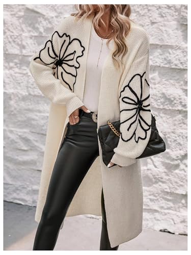 Verdusa Women's Floral Print Loose Open Front Long Knit Cardigan Casual Sweater Coats3