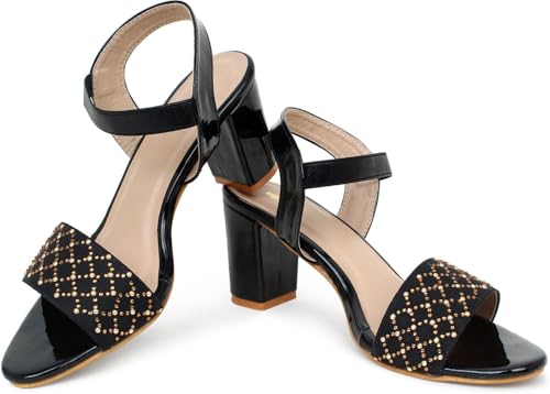 Image of Action Crystal-Embellished Slide Sandals| Block Heel| Water-Resis Tant| Textured EVA Sole Black