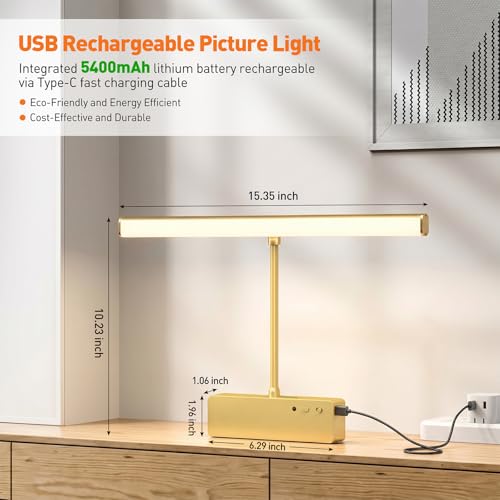 Picture Light, 15.35inch Wireless Picture Lights for Wall Rechargeable, 5400mAh Battery Wall Light with Remote, 3 Color Art Lighting for Paintings with Timer and Dimmable for Display, Gallery (Gold)