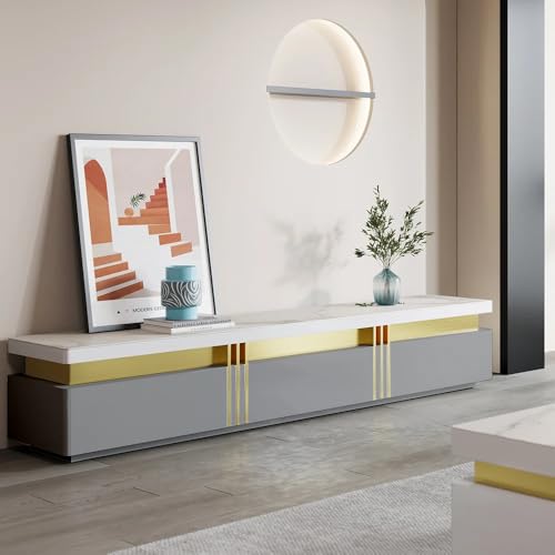 Image of Luxury Joyce Modern TV Unit /Console - 70 inch Naino Compsit Marble Top, 3 Drawer Storage - White & Gold Finish - Scratch Resistant, Waterproof Plywood - Living Room Media Cabinet (Gray)
