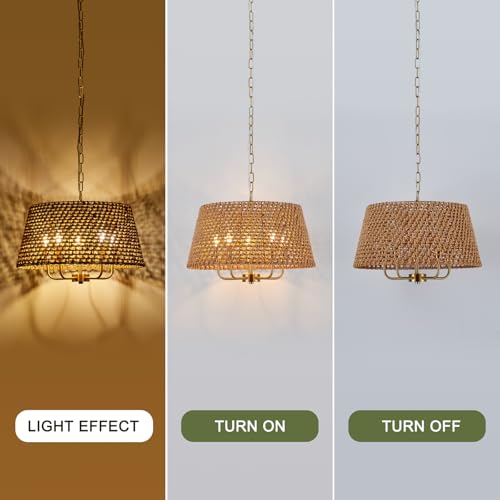 Image of 19.7 inch Gold Boho Rattan Chandelier, 5-Light Wicker Light Fixture | Hand-Woven Rattan; Vintage Farmhouse Style; Adjustable Height; Drum Chandeliers for Dining Room, Kitchen, Bedroom, Entryway