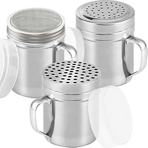 CUSINIUM [Set of 3] 10oz Stainless Steel Dredges With Handle - Fine Mesh + Medium Holes + Large Holes (For Coarse Seasonings) Cover