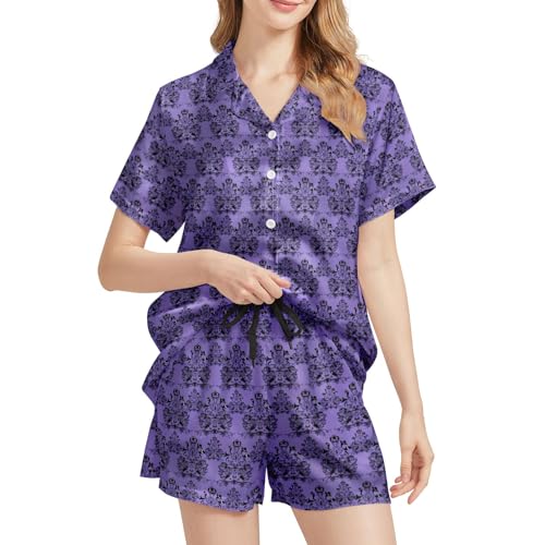 Image of Funny Satin Pajamas Set for Women Button Down Sleepwear Print Pjs Set 2 Piece Short Sleeve Loungewear Gift for Women