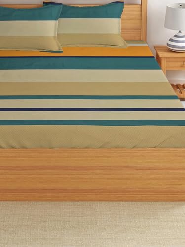 Image of LOOMLYFE 300 TC Cotton Feel Glace Cotton Elastic Fitted Printed Queen Size Double Bed Bedsheet with 2 Pillow Covers Fits Upto 8 inches,Size- 60x78x10 Inches, Yellow Green Stripes