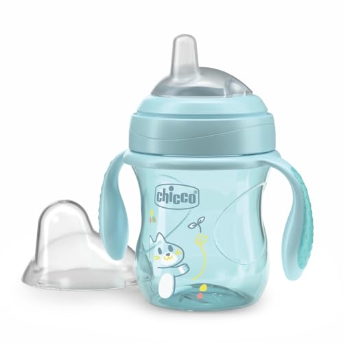 Chicco Vaso de Transición, Vaso antigoteo para bebé de 200 ml, con boquilla ergonómica de silicona, doble válvula antigoteo y 0% BPA, 4M+, Azul