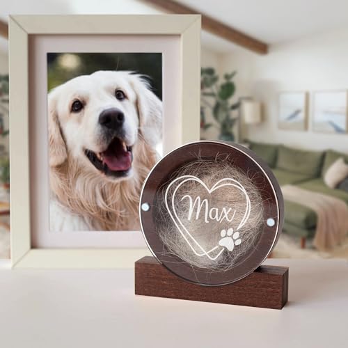Image of Personalized Pet Hair Keepsake Box for Dog and Cat Fur - Engraved Wood Memorial Box - Unique Customized Gift for Loss of Furry Friend Wooden (Dark Round Wood /Acrylic Lid)