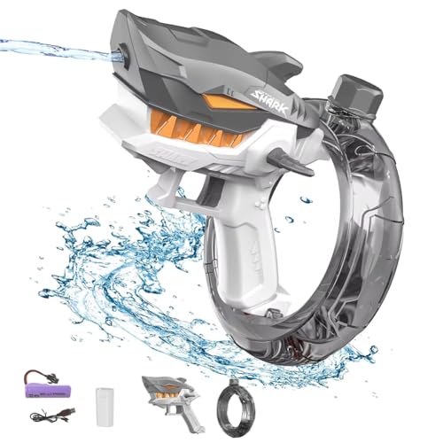 水鉄砲 電動 サメの自動連発ウォーターガン バッテリー 付属 超強力飛距離 300ml 貯水量 子供 大人兼用 水遊びおもちゃ 海水浴 プール ビーチ アウトドア遊びおもちゃ 夏祭り 子供の日 プレゼント (グレー)