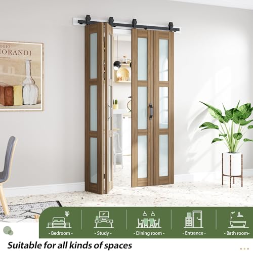Image of FREDBECK Bifold Barn Doors 48X84(12x84) Frosted Glass, Brown Bifold Doors