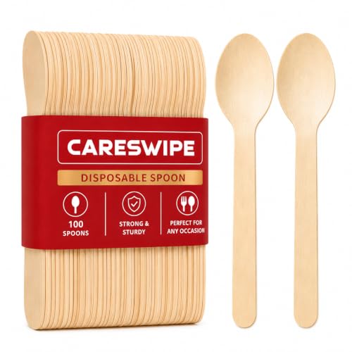 Image of 160 mm, 100 Pack Disposable Spoons | Wooden Dining Flatware | Ideal for Kids Birthday, Wedding & Party