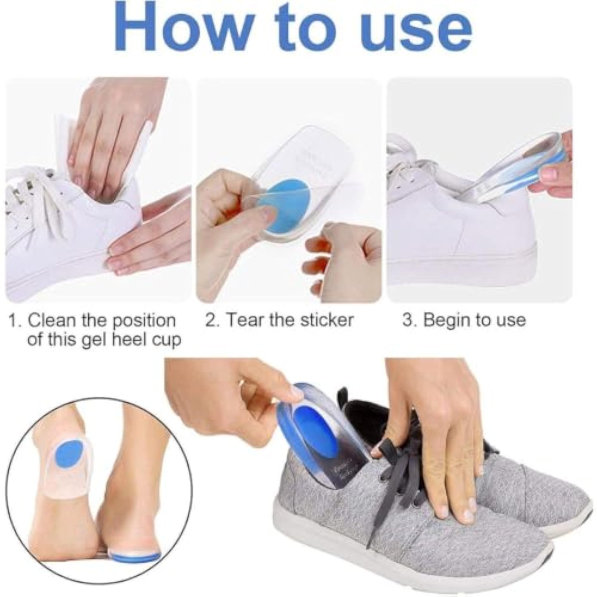 Gel Silicone Heel Cups for Pain Relief, 1 Pair