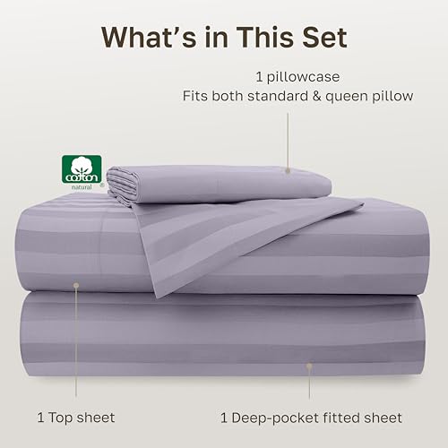 Image of California Design Den 500TC 100% Cotton Twin XL Sheets Set, Lavender Stripe | Good Housekeeping Seal, OEKO-TEX Certified, Silky-Soft Sateen Weave, 3pc Set, 15 inch Deep Pockets, For Hot Sleepers, All-Season