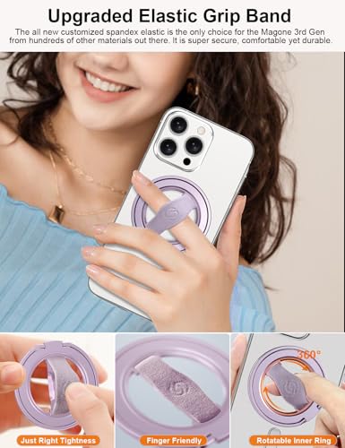 Image of EWA MagOne 3rd Gen [Compatible with MagSafe] Phone Grip Stand with Finger Strap, Removable Magnetic Ring Holder Kickstand Loop for iPhone 17,16,15,14,13,12 Series (Purple)