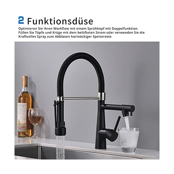 TIMACO Wasserhahn Küche Schwarz mit Schloss Brause Ausziehbar - 360° Schwenkbarz- Pull-Down-Spray - Hochdruck - Schwarz Küchenarmatur – Bild 5