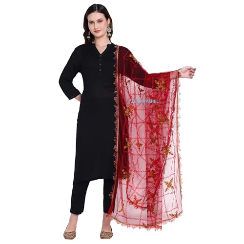 Image of ZEN APPAREL Women's Embroidered Net Dupatta with Lace Borders (Z-101) Premium Net Fabric Golden Aari Work