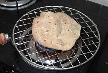 XYNO Stainless Steel Wire Roster Barbecue Grill Roti Papad Chapati Toast brinjal Chicken paneer tandoor (baingan) Wooden Handle Stainless Steel net Roaster 1 kg Roaster (Silver, Brown)