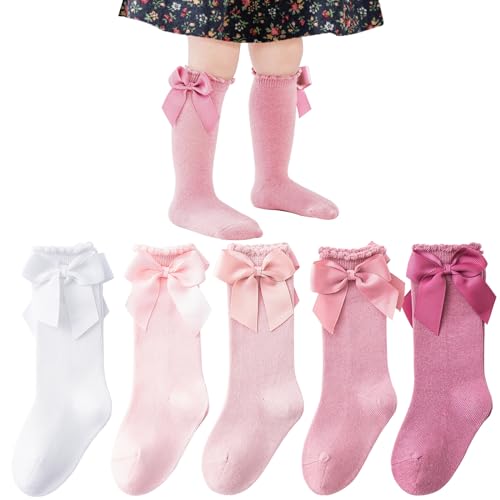 Image of Mini Angel Baby Knee High Socks - Toddler Long Cotton Tube Stockings With Bow Ruffles for Girls - Infant Dress Socks