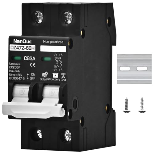 DC36V to DC250V 16/20/25/32/40/50/63 Amp Circuit Breaker Solar Photovoltaic PV Battery Protector AC DC Short-Circuit Overload Current Automatic Cut-Off 6kA No Fire Black Color DIN Rail Install (16A)