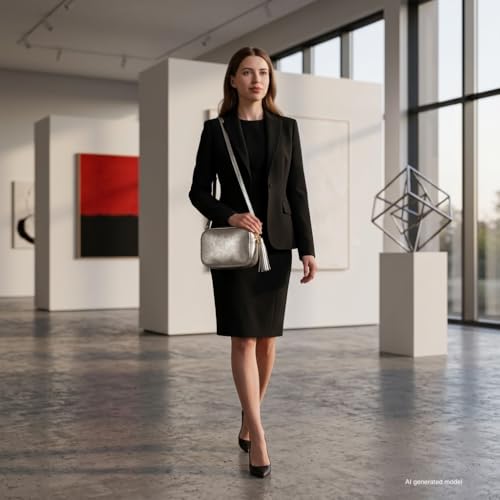 Image of Italian Genuine Metallic Suede Crossbody Bag for Women with Zipper | Small Leather Camera Purse Shoulder Handbag Pocketbook