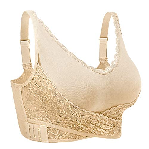 iClosam Womens Sports Bra Front Cross Side Buckle Push Up Bra Sexy V-Neck Lace Bralette Wireless Yoga Running Lounge Bra with Removable Pads M-XXXL Nude