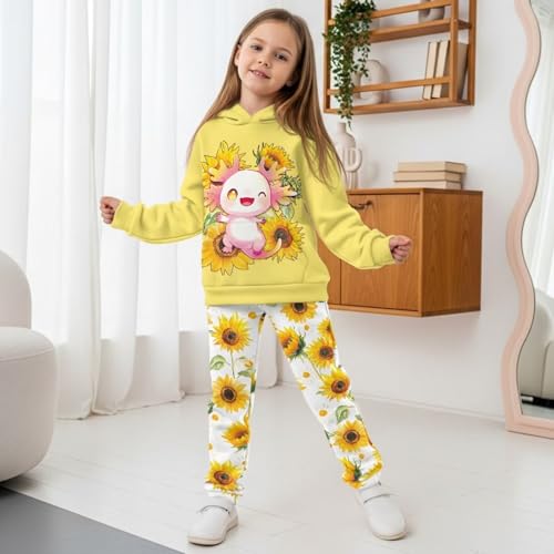 doginthehole Girls 2 Pieces Sweatsuits Pullover Cute Axolotl Sunflowers Graphic Hoodie and Sweatpants Girls Fashion Tracksuit Set Fall Outfits 7-8 Years4