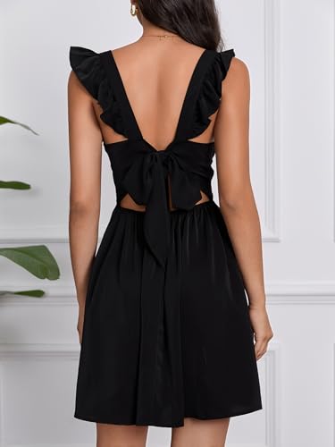 Image of OYOANGLE Women's Tie Back Square Neck Ruffle Strap Sleeveless A Line Flare Flowy Lightweight Summer Short Dress