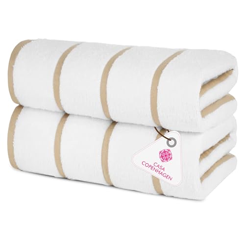 Image of Casa Copenhagen Pack of 2 Cabana Pool XL Towels for Bath Cotton Rough and Tough Use,70 x 140 cm Colour : White Beige Stripe