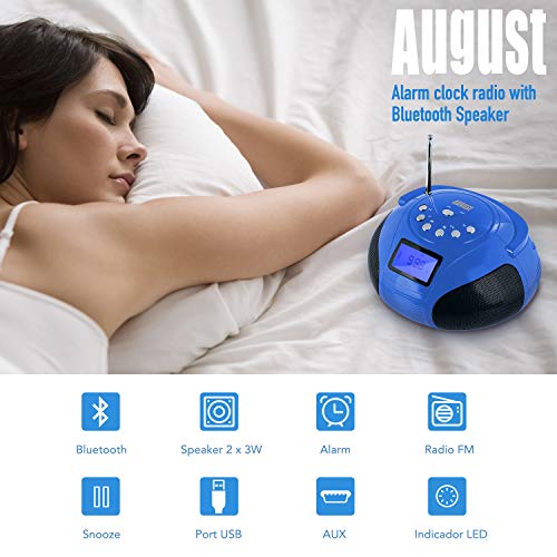 August SE20 - Mini Bluetooth MP3 Stereo - Portable Radio with Powerful Bluetooth Speakers - FM Alarm Clock Radio with SD Card Reader, USB and AUX in - Blue - Thumbnail 7