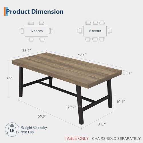 Image of GarveeHome Industrial Dining Table for 6-8 People, 70.87 inch Long Kitchen Table with Sturdy Metal Frame, Rectangular Counter for Dinner, Kitchen, Dining Room (Rustic Pear, 71 inch Non-extendable)