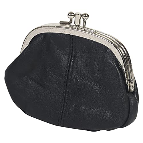 Leatherboss Leather Women's Coin Holder Pouch Purse Double Frame Wallet With Zipper Pocket, Black #TOP2