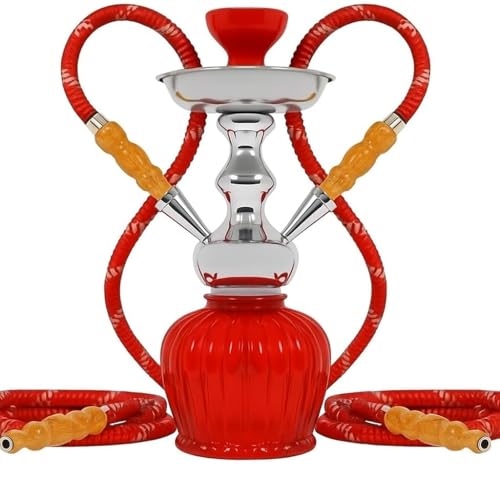 Image of FAB HOME DECOR QT Econo Dual Hose Hookah | Designer Double Pipe Aluminium Stem 12 Inch Glass, Steel Hookah Set For Heavy Smoke | Perfect for Party Lovers (Red)