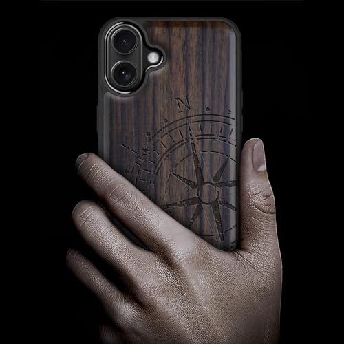 Image of Carveit Wood Case for iPhone 16 Plus, The Incomplete Compass, Black | Magnetic iPhone 16 Plus Case Compatible with MagSafe Wireless Chargers, Engraved Wood with Soft TPU Shockproof Bumper