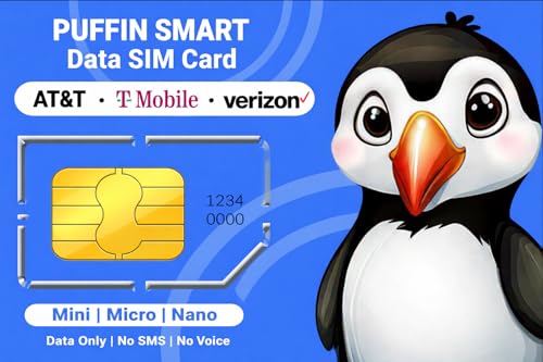 Puffin Smart Data Only SIM Card-on ATT, TMobile and Verizon Networks for Security Cameras and Travel WiFi Hotspots (US Only)