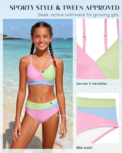 Image of Century Star Teen Girl Swimsuit Two Piece - Color Block Bikini Adjustable Straps Bathing Suit Padded Swimwear